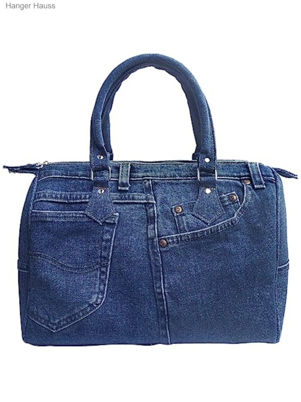 Upcycled Denim Top Handle Bowler Bag with Shoulder Strap, Convertible Handbag